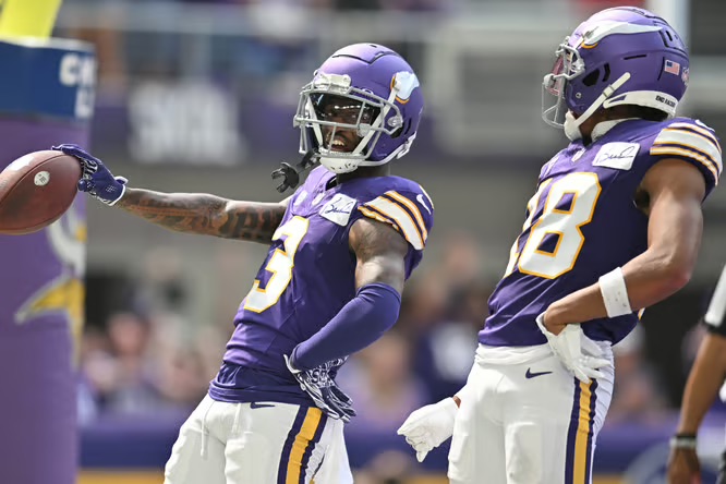 Jordan Addison and Justin Jefferson celebrating a touchdown for the Minnesota Vikings