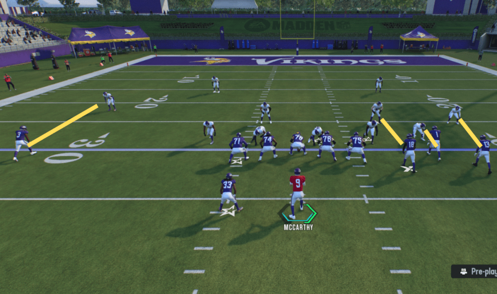 Man-to-man coverage against a condensed formation, show in Madden