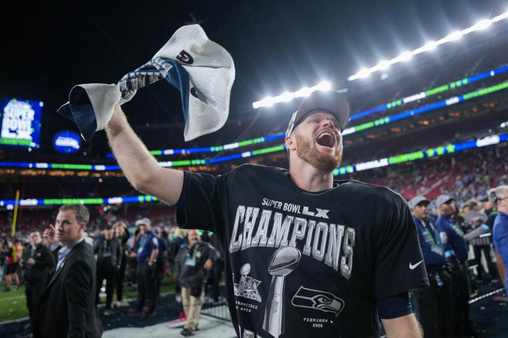 Sam Darnold celebrating after winning the Super Bowl