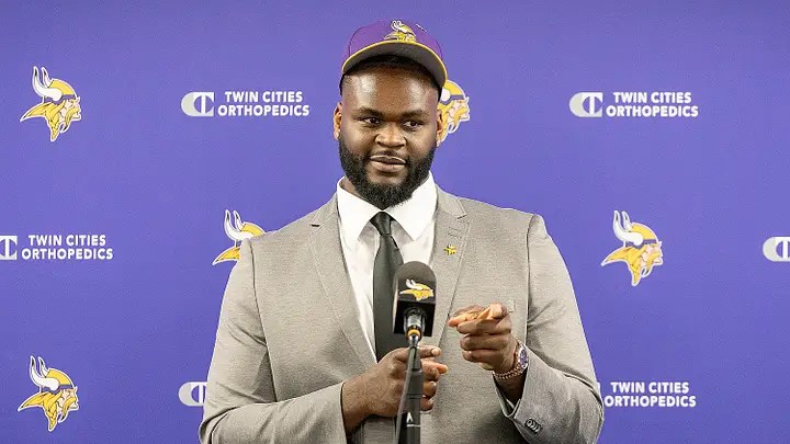 Caleb Banks at his introductory press conference after being drafted by the Minnesota Vikings