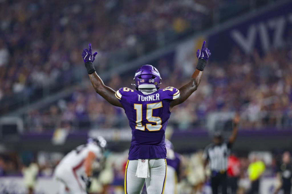 Dallas Turner pumping up the crowd against the Atlanta Falcons