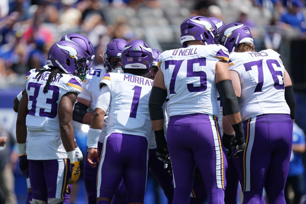 Vikings offense in a huddle during the week 1 preseason game in New York.